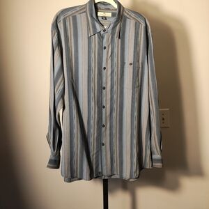 Tommy Bahama Shirt Mens XL Blue /Brown Striped Silk Casual Button-Up